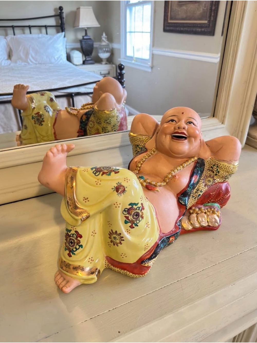 Vintage Cheerful Yellow Reclining Laughing Buddha Figurine - Home Accent Statue